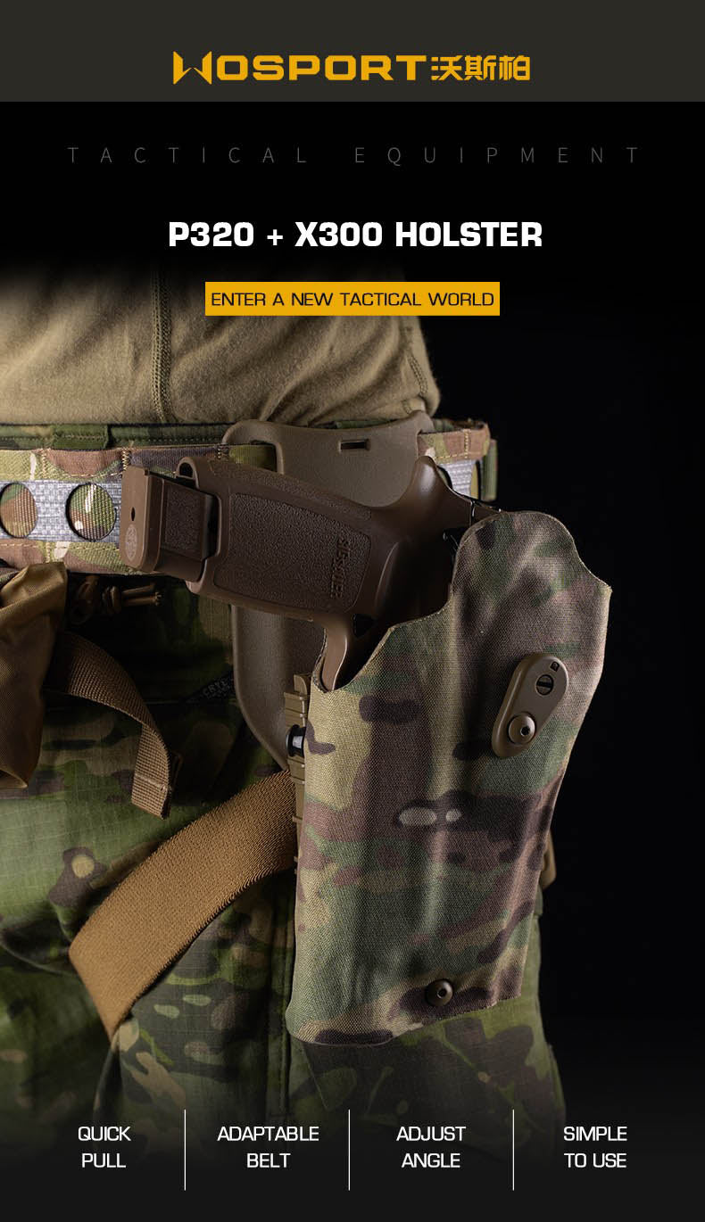 WOSPORT P320 and X300 holster in black, designed for secure carry of pistol and tactical light, with adjustable retention straps.