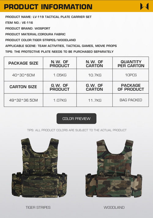 WOSPORT LV-119 Tactical Plate Carrier Set (VE-116) - APEXTAC GEAR
