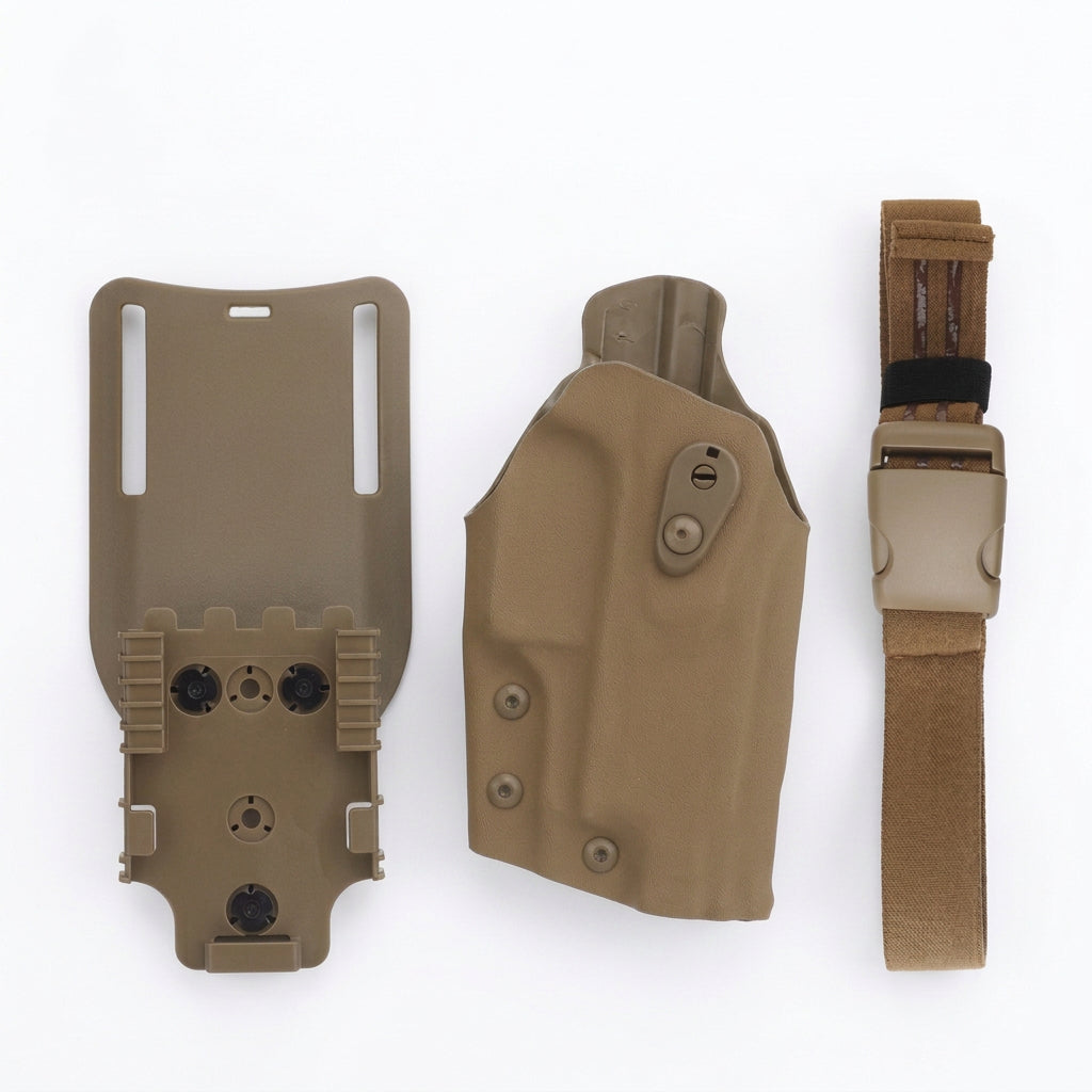 WOSPORT P320 and X300 holster showing a black tactical holster with adjustable straps and open-top design for secure firearm carry.
