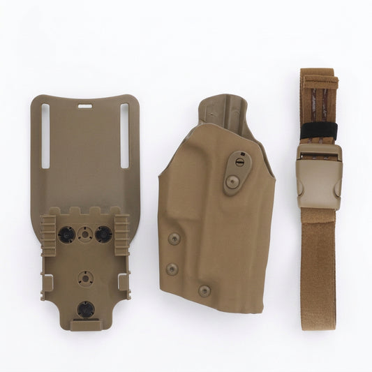 WOSPORT P320 and X300 holster showing a black tactical holster with adjustable straps and open-top design for secure firearm carry.