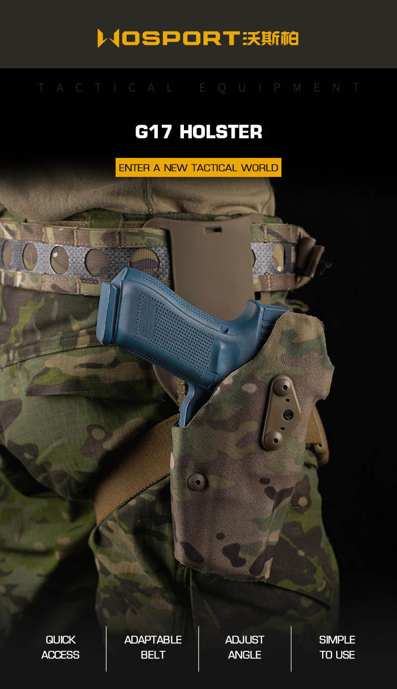 WOSPORT G17 Holster GB-78 for Glock 17, black tactical carry holster with adjustable retention and belt attachment.