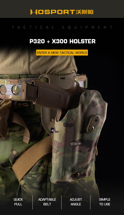 WOSPORT P320 and X300 holster in black, designed for secure carry of pistol and tactical light, with adjustable retention straps.