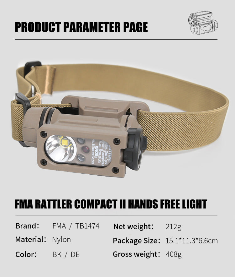 FMA Rattler Compact II Hands Free Light - BLACK - APEXTAC GEAR