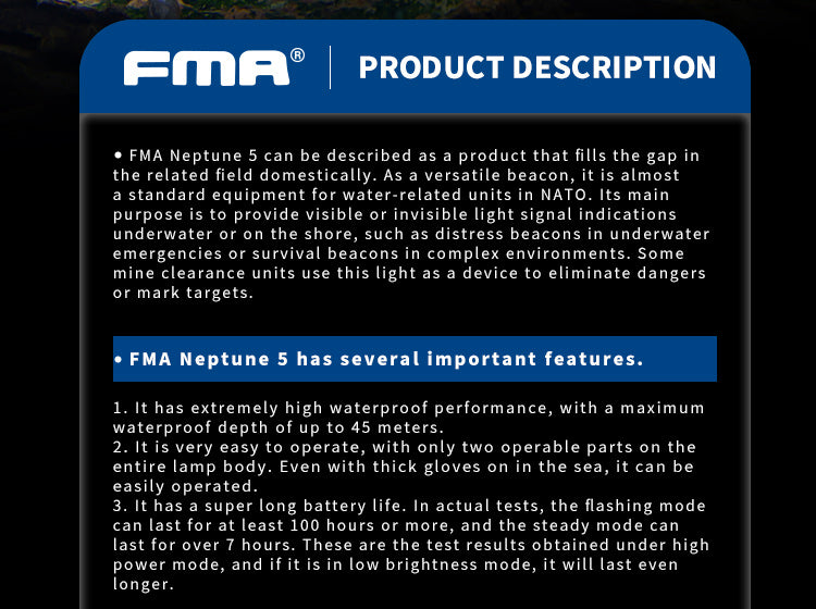 FMA Neptune 5 Diving Marker Light Waterproof Ipx68 Search and Rescue Strobe - BK - APEXTAC GEAR