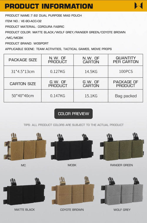 WOSPORT 7.62 Dual Purpose Magazine Pouch (VE-90-ACC-02) - APEXTAC GEAR