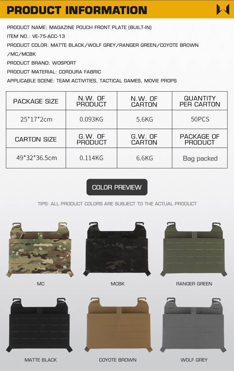 WOSPORT Magazine Pouch Front Plate (Built-in) (VE-75-ACC-13) - APEXTAC GEAR