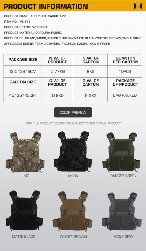WOSPORT ARC Tactical Plate Carrier V2 (VE-115) - APEXTAC GEAR
