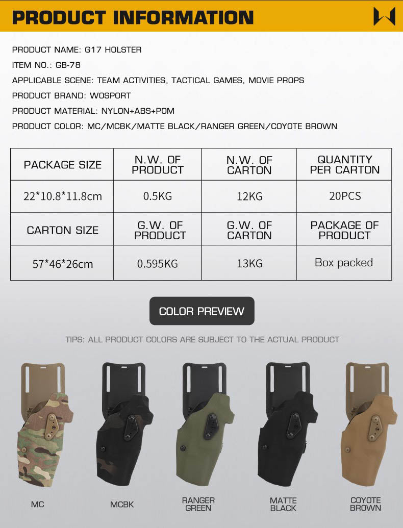 WOSPORT G17 holster for Glock 17 pistol, black tactical holster with adjustable retention, belt attachment, and durable construction.