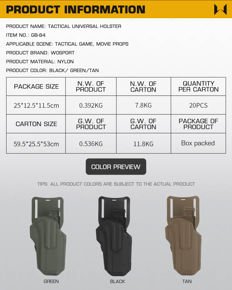 WOSPORT GB-84 Tactical universal holster in black nylon with adjustable straps and secure retention design