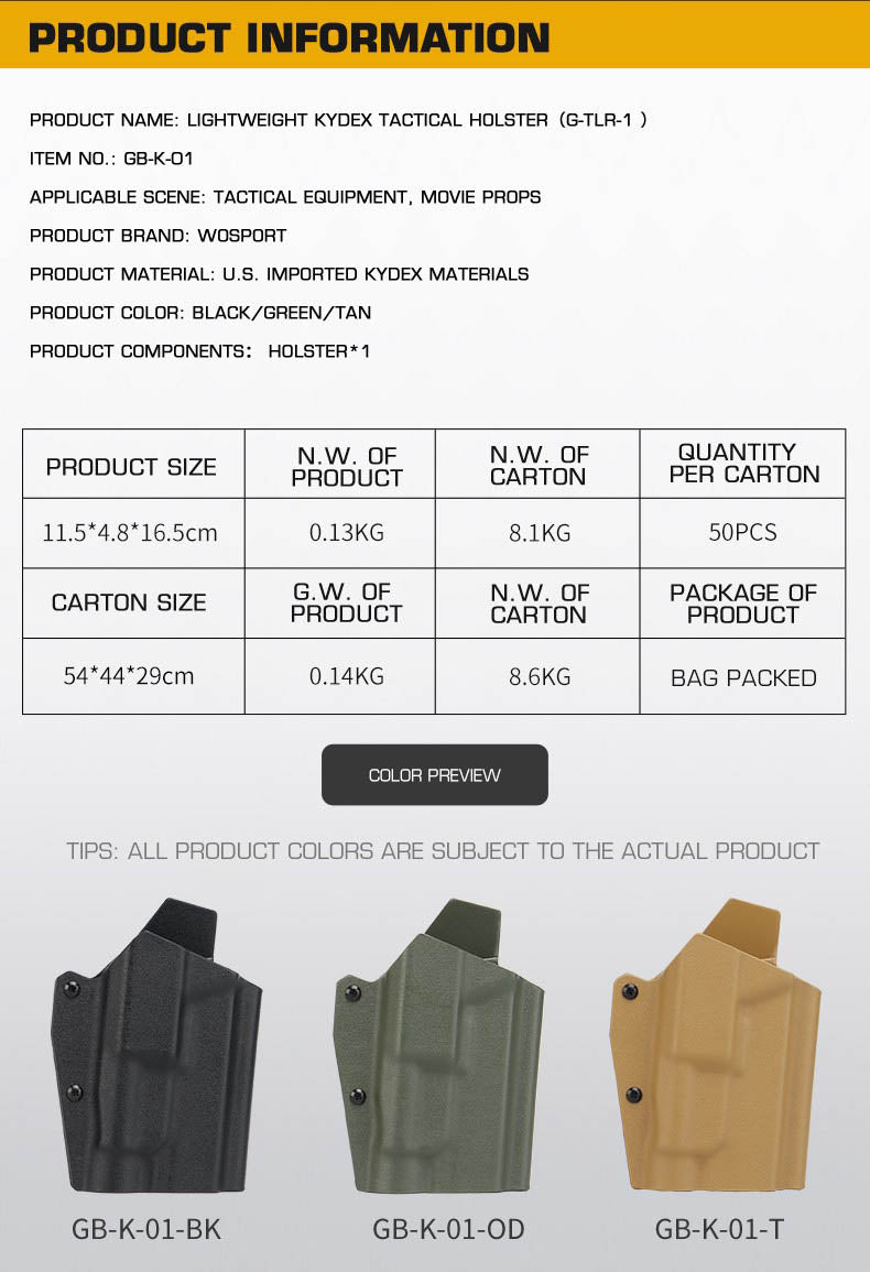 WOSPORT lightweight Kydex tactical holster for G-TLR-1, black side view