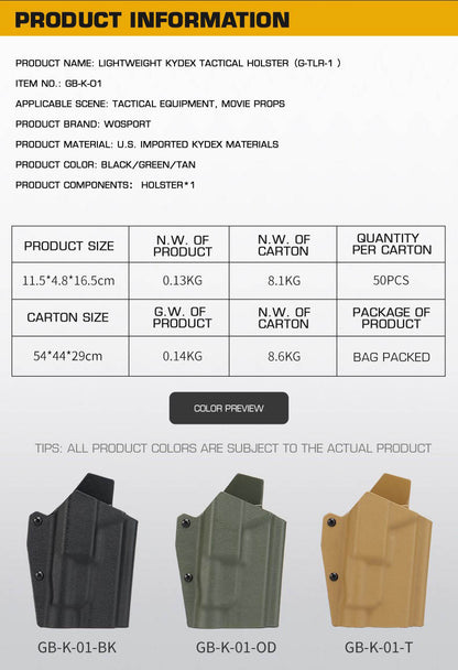 WOSPORT lightweight Kydex tactical holster for G-TLR-1, black side view