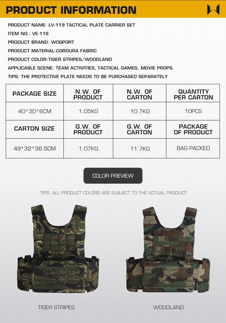 WOSPORT LV-119 Tactical Plate Carrier Set (VE-116) - APEXTAC GEAR