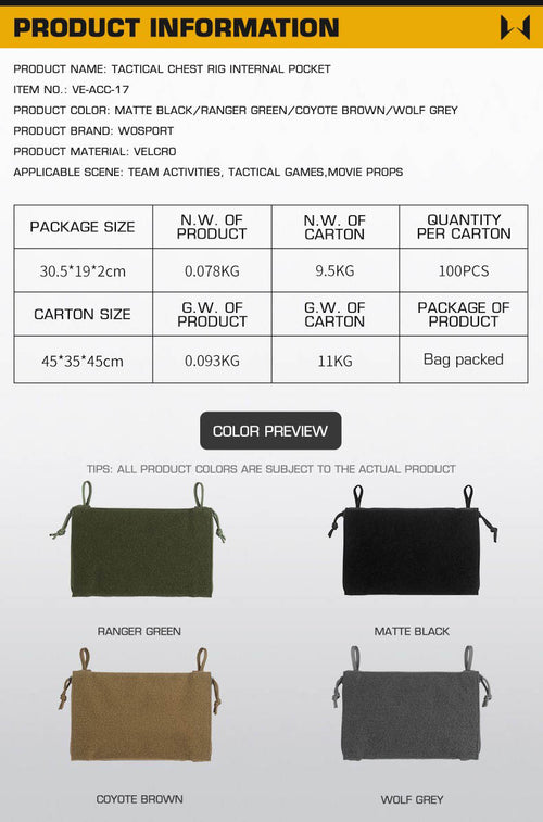 WOSPORT Tactical Chest Rig Internal Pocket (VE-ACC-17) - APEXTAC GEAR