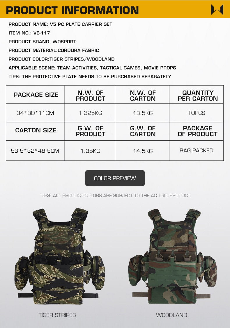 WOSPORT V5 PC Plate Carrier Set (VE-117) - APEXTAC GEAR