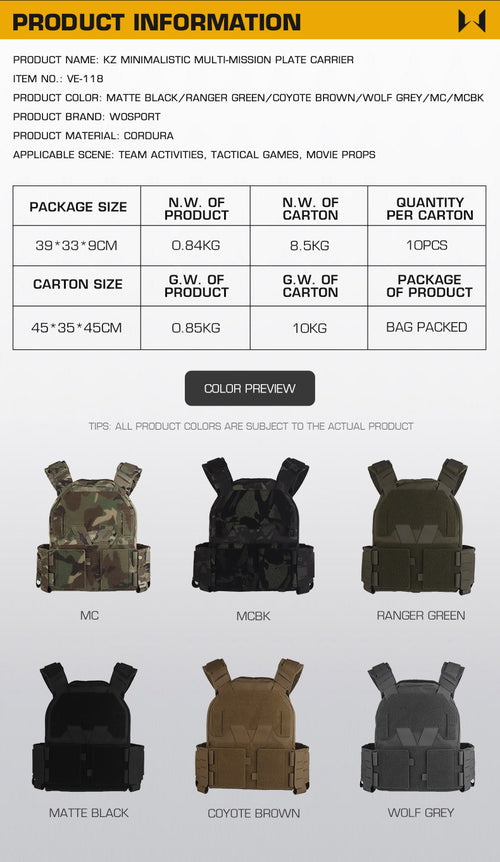 WOSPORT KZ Minimalistic Multi-Mission Plate Carrier (VE-118) - APEXTAC GEAR