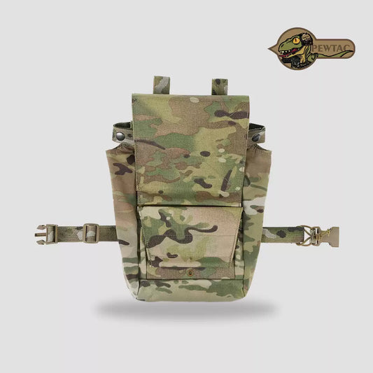 PEW Tactical FC Style TRAK tactical thigh bag with utility pouch, adjustable straps, and multiple compartments for outdoor or tactical use.