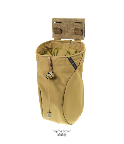 PEW Tactical CP Style RUD foldable MOLLE dump pouch attached to tactical gear, showing its compact, foldable design and MOLLE straps.