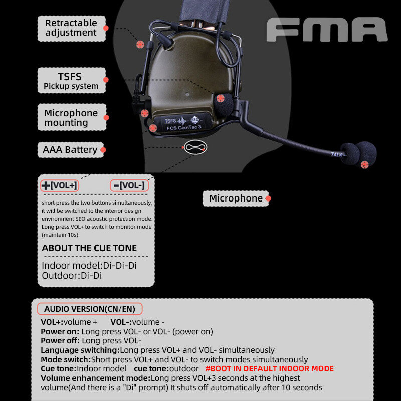 FMA FCS Tactical Headset COMTAC3 Headset Communication Pickup Noise Reduction - DE - APEXTAC GEAR