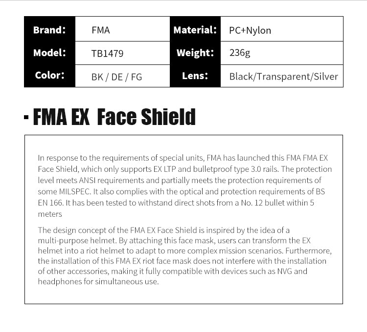 FMA EX Face Shield Riot Mask Protective Face Goggle EX 3.0 Rail - DE  (TB1479) - APEXTAC GEAR