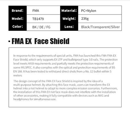 FMA EX Face Shield Riot Mask Protective Face Goggle EX 3.0 Rail - DE  (TB1479) - APEXTAC GEAR